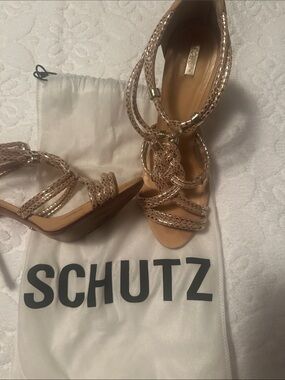 SCHUTZ Rose Gold Braided Ankle-Wrap Heeled Sandals
